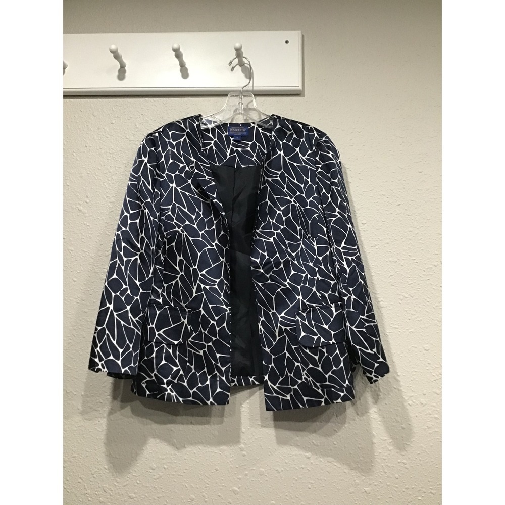 Pendleton Silk Blend Jacket Blazer Navy White Abstract‎ Print Modern Avant-Garde